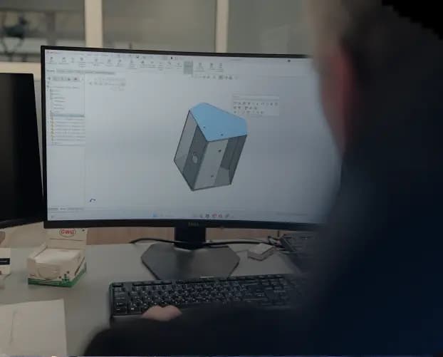 An over-the-shoulder view of a engineer working at a computer desk. The focused, curved Dell monitor displays a 3D CAD modeling software with a digital design of a multi-sided sheet metal enclosure